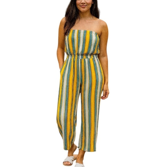Forever 21 Pants - Forever 21 Medium Strapless Yellow Blue White Stripe Jumpsuit Casual